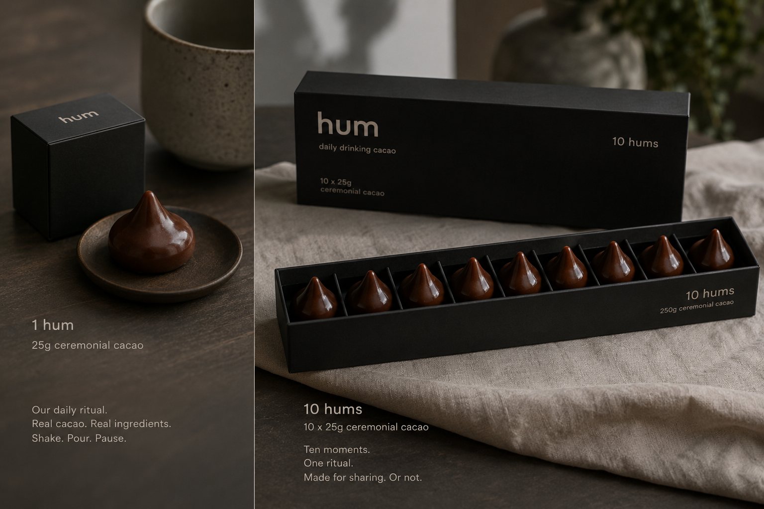 HUM daily drinking cacao — a box of ten 25 g ceremonial cacao servings beside a single piece on a ceramic plate